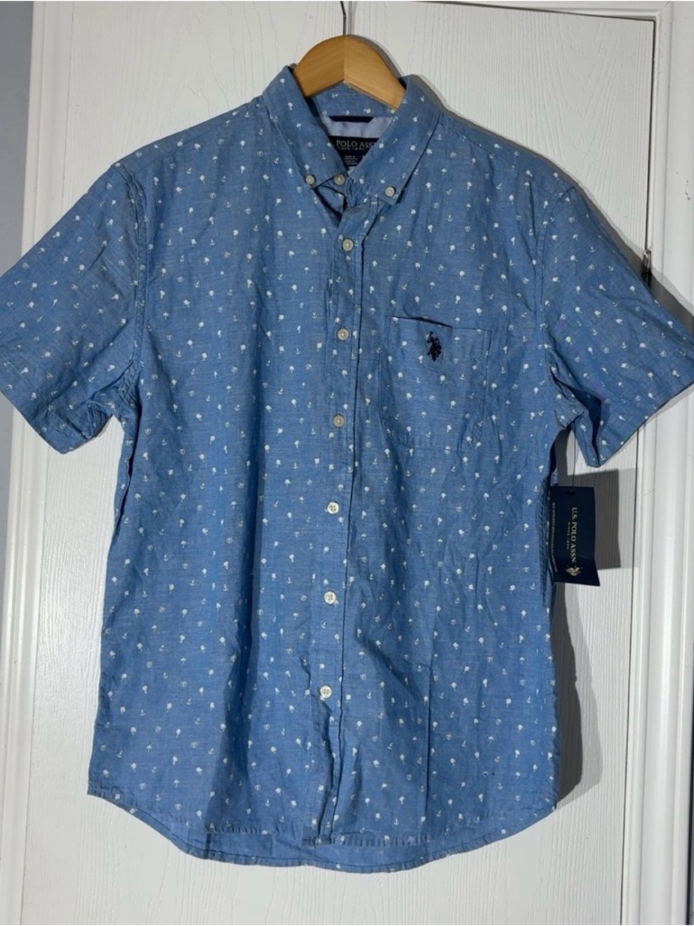U.S. Polo Assn. Blue Short-Sleeve Button-Down Shirt with White Micro Print